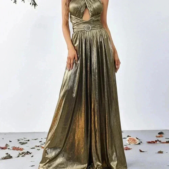 Bronze Women's Cross Wrap Front Backless Metallic Halter Wide Leg Jumpsuit - Picture 4 of 6
